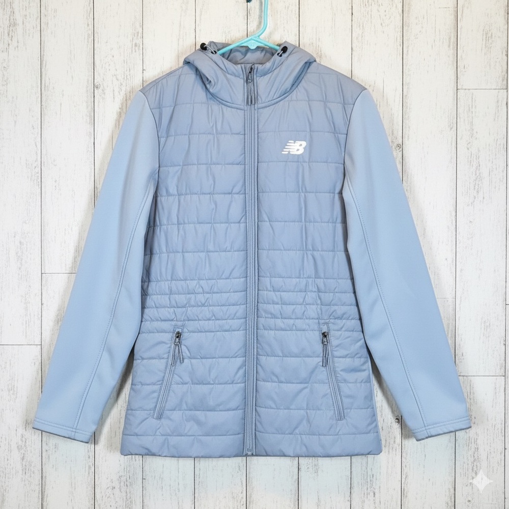 New Balance Womens Medium Hybrid Puffer Softshell Jacket Hood Gray Running Coat